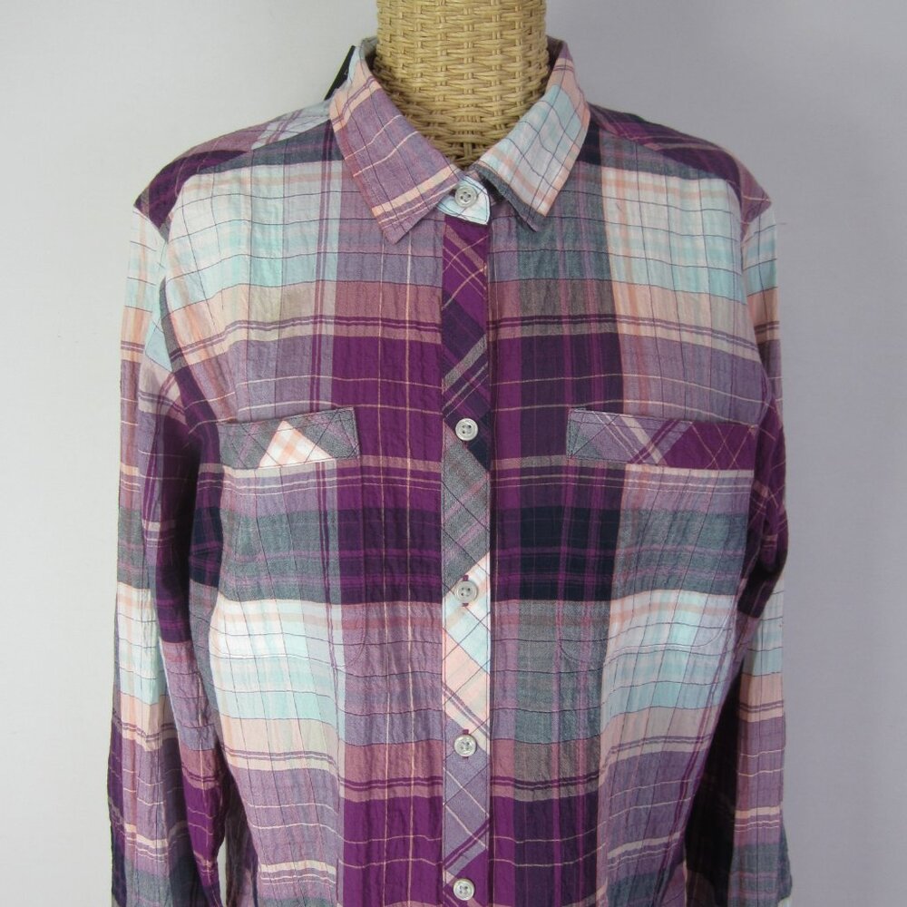 Eddie Bauer Women L Purple Plaid Live Your Adventure LS Shirt Crinkle Cotton